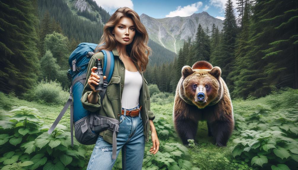 Woman holding a mace can to defend against a bear attack