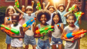 Few children holding water guns outside