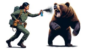 A park ranger defend herself with a pepper spray against a bear