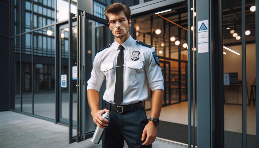 Pepper sprays are important for security guards. Here a security guard with a can of pepper spray on hand for protection