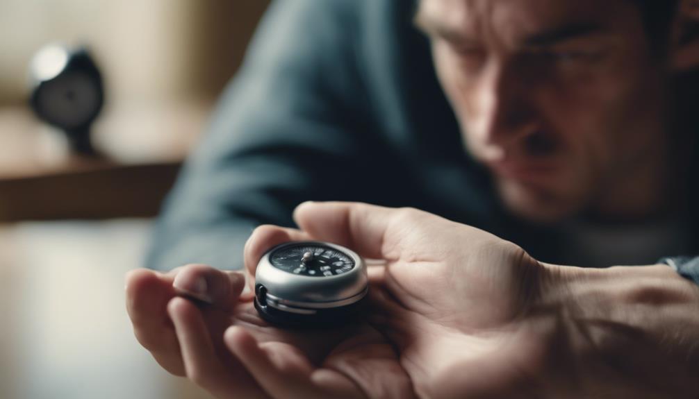 A man looking at a personal alarm being hold by someone else in their hand