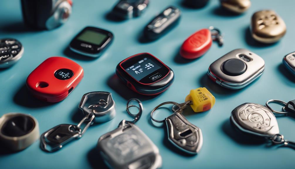 Many personal alarms being displayed on top of a table