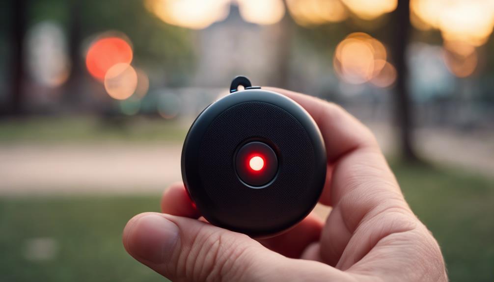 A round black personal alarm being held outside