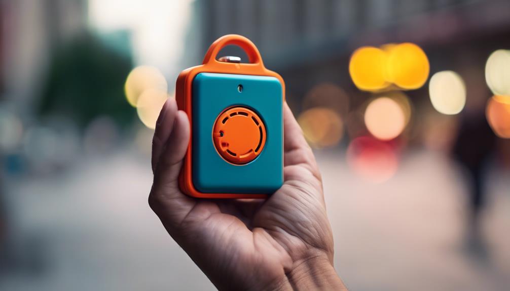 Man is holding a personal alarm with a orange button in the street