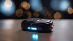 A personal alarm sitting on a table with the light on