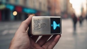 A hand is holding a personal alarm outside in the street