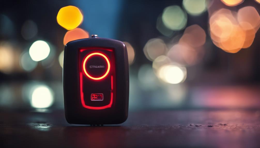 A black personal safety alarm activated in the street