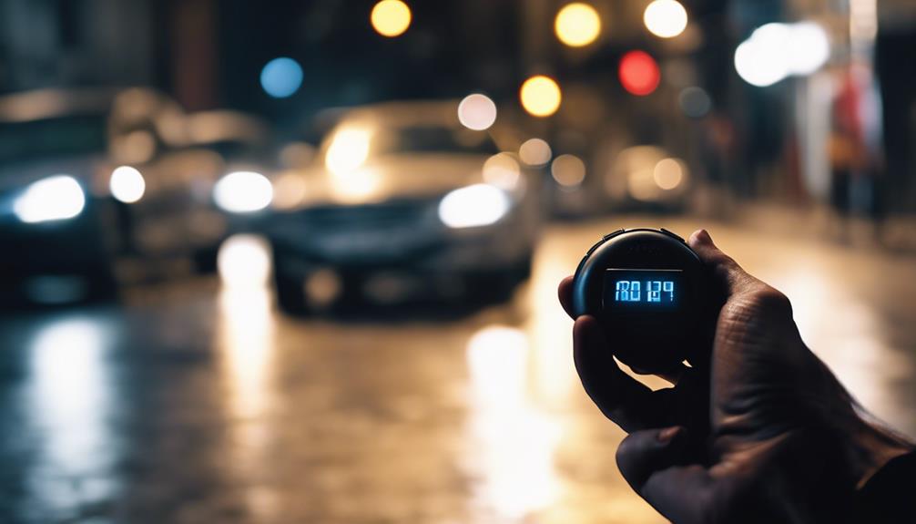 A self-defense alarm is held in the middle of the street at night