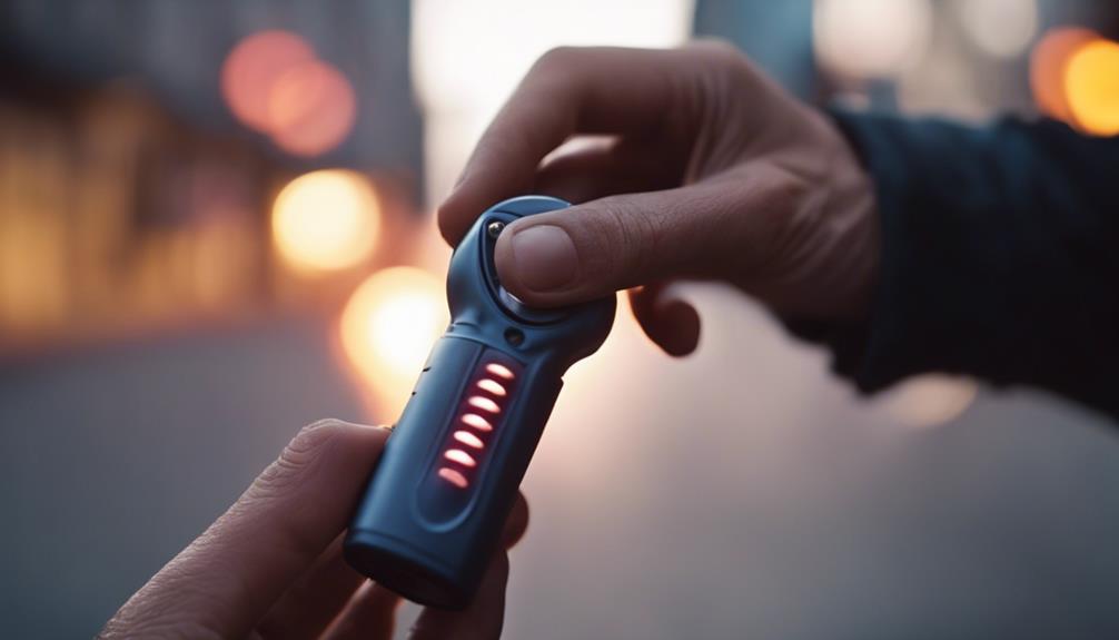 A man holding a personal alarm outside in the street