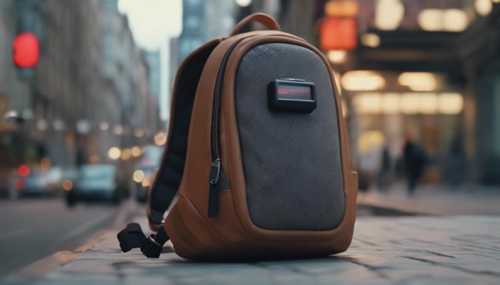 A backpack sitting on the floor with personal alarms attached to it