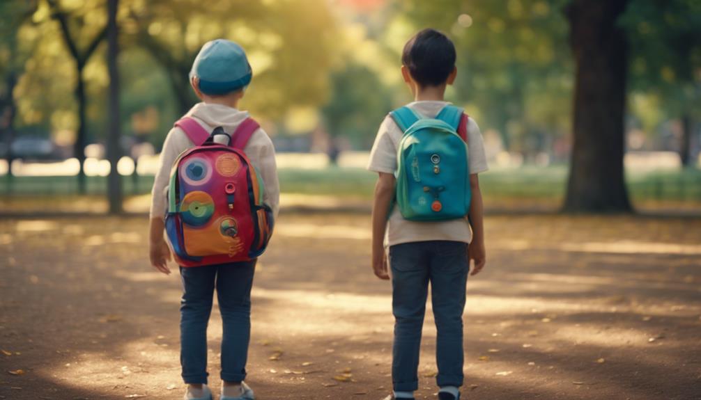 Two small kids walking outside with backpacks on there back