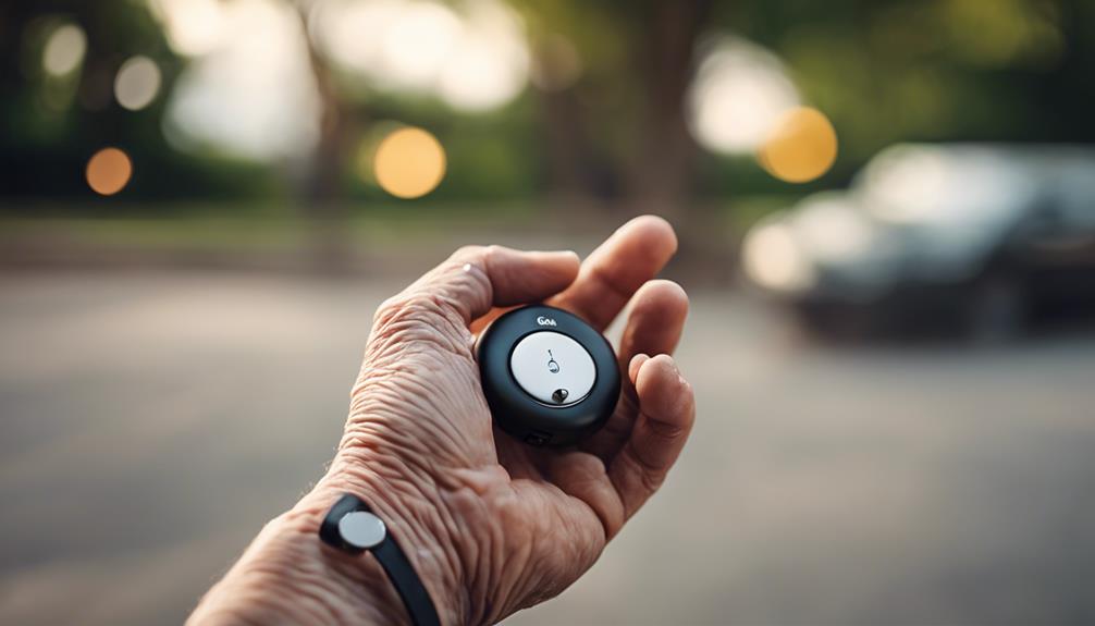 A personal alarm on someone hand in the street ready for activation