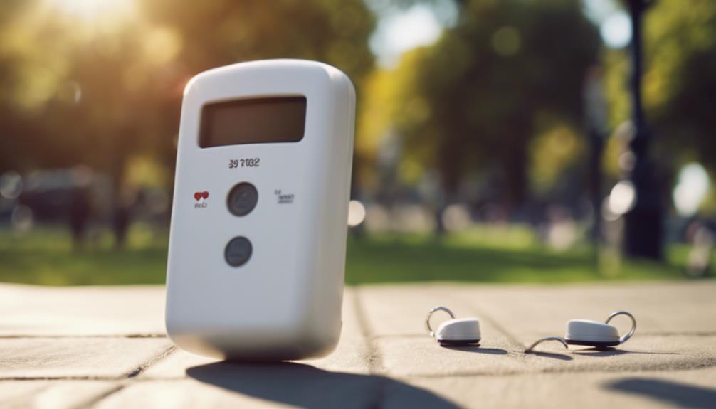 A white personal alarm on top of the pavement outside