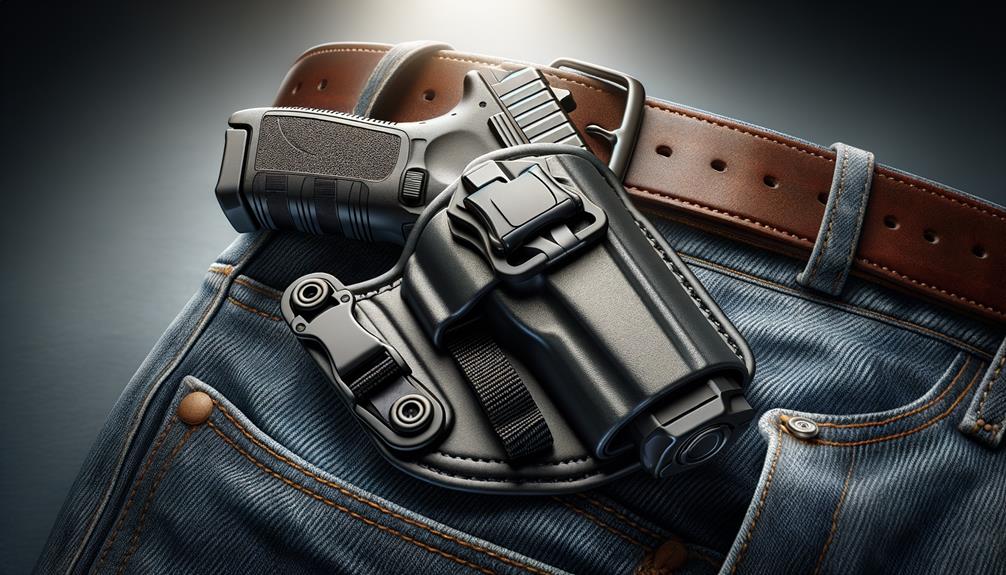 A pair of jeans holding a black stun gun inside a holster