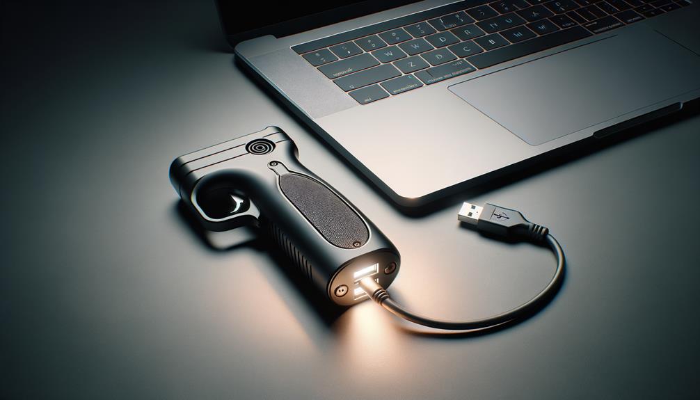 A stun gun with a charging cable and a laptop computer next to it