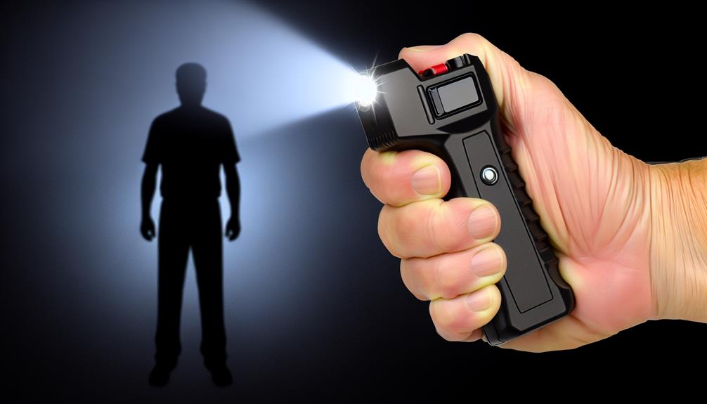 A hand holding stun gun for personal protection with a flashlight at night