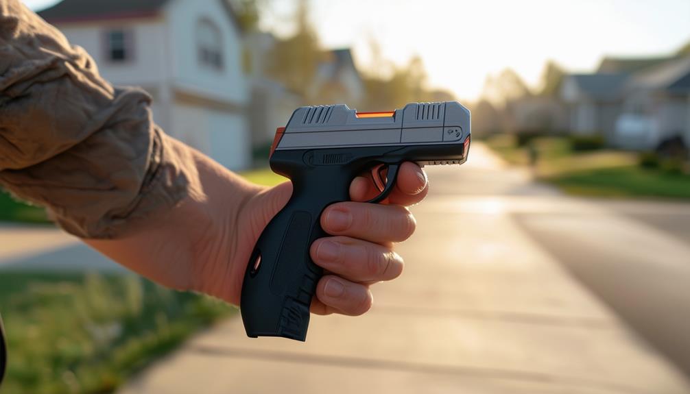 A hand is holding a black stun gun outside