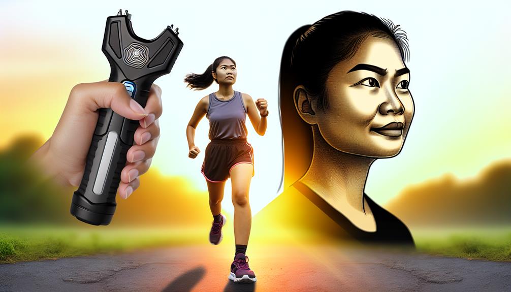 A Woman Running With Stun Gun On Hand