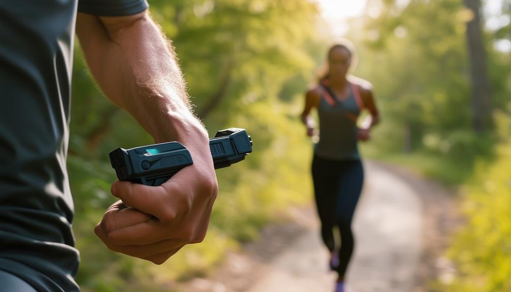 A woman running toward a man holding a stun gun