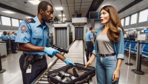 A woman is at a baggage check out point were the security guard found stun gun