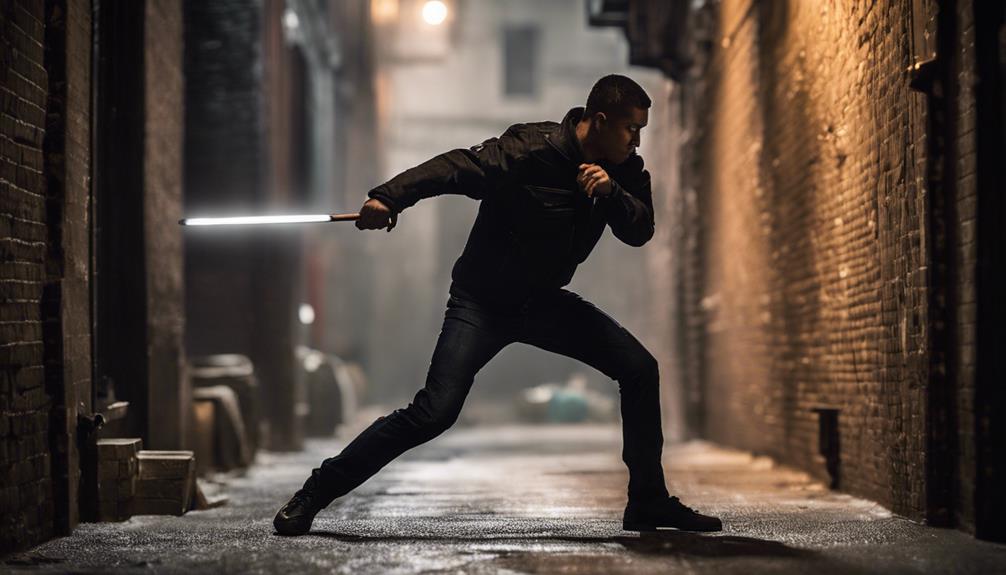 Man holding a baton in an alley