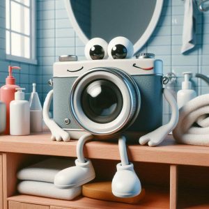 A camera sitting on top of a bathroom table