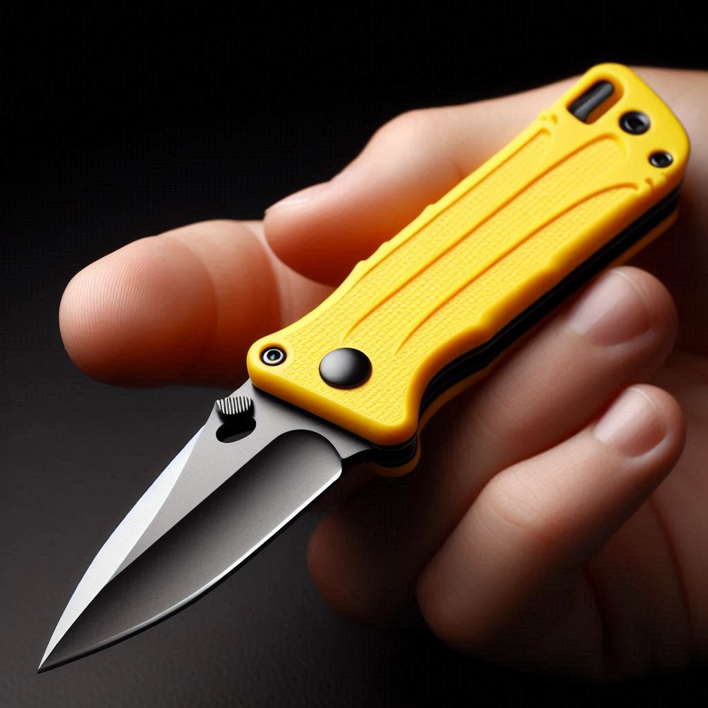 Hand holding a yellow folding knife on the air