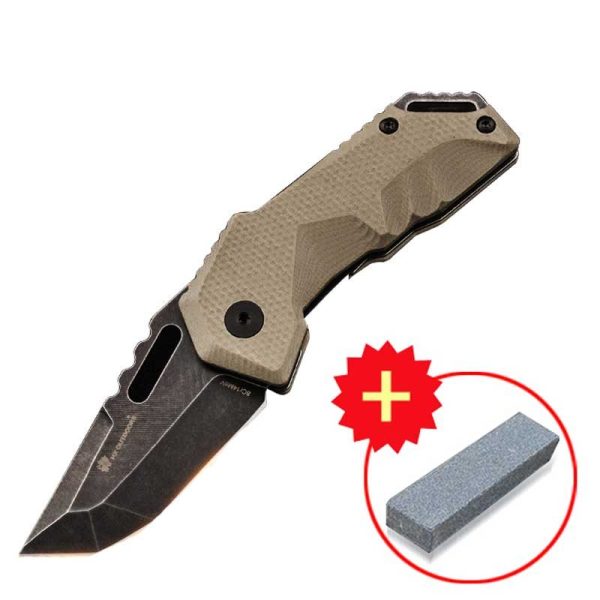 Beige folding knife and a sharpening stone in the side