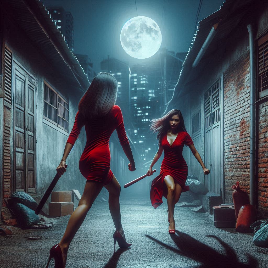 Two women going against each other with kubatons in a alley