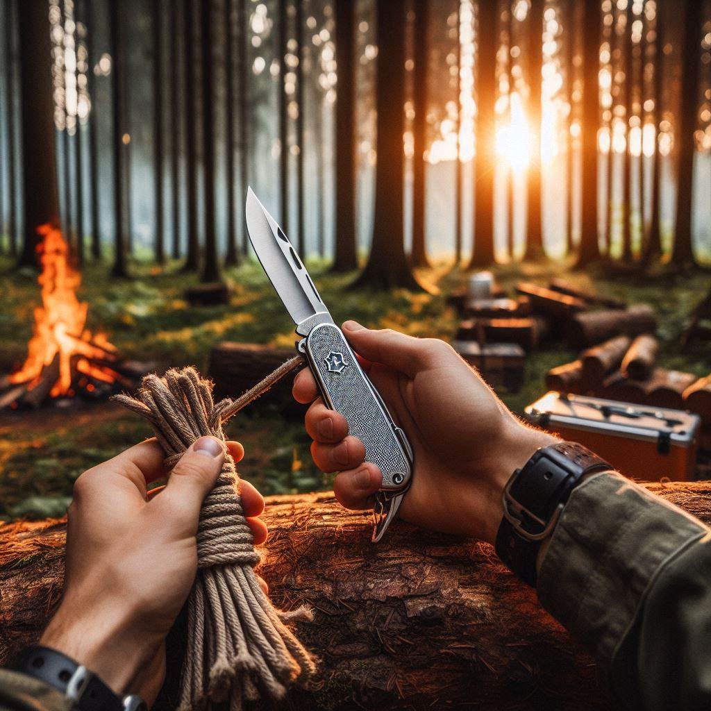 Folding knives are very important while camping, here a man is using a folding knife outdoors