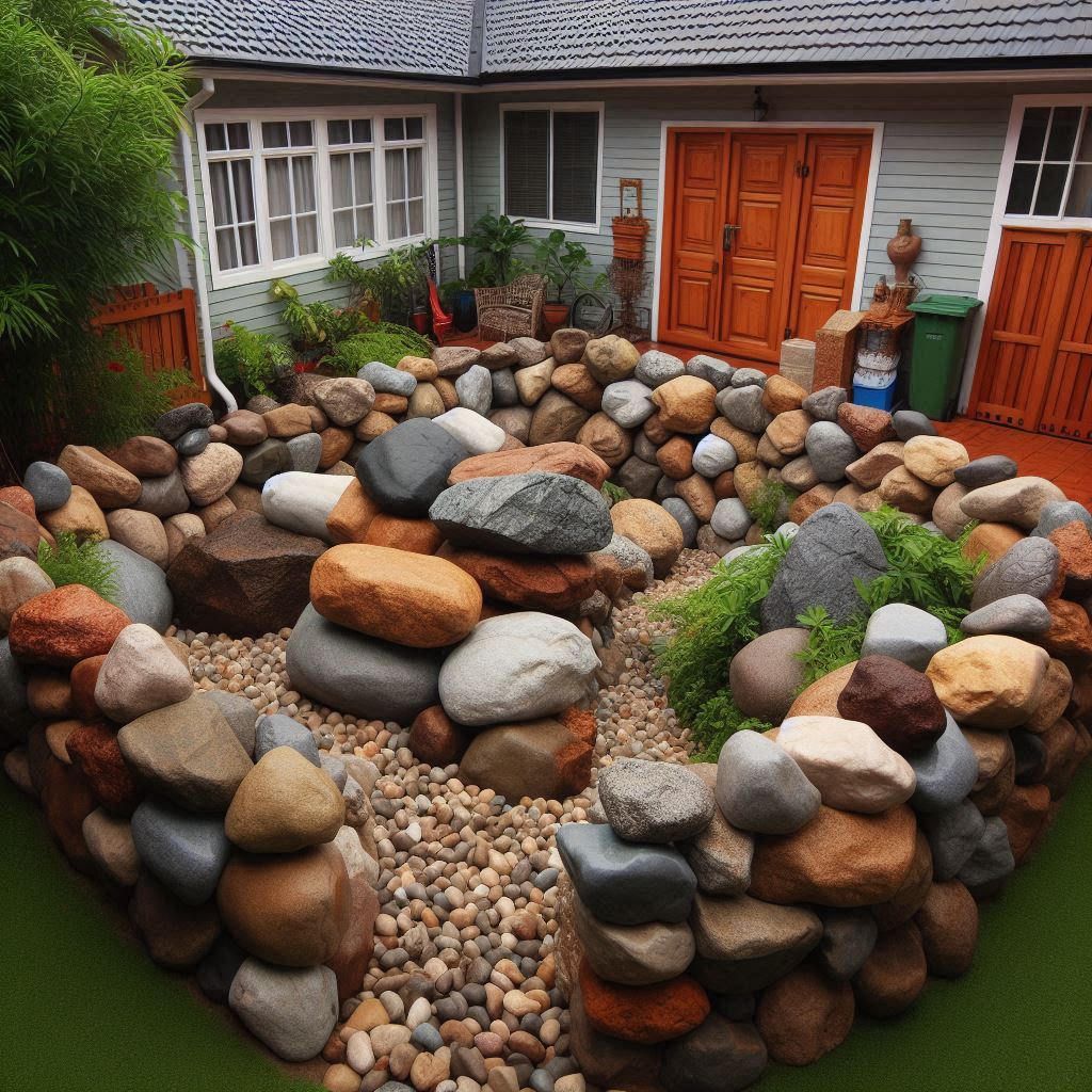 A bunch of rocks behind someone house where a hidden rock is hiding