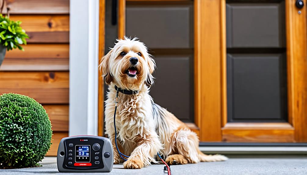 Dog sitting outside a home next to a barking dog alarm