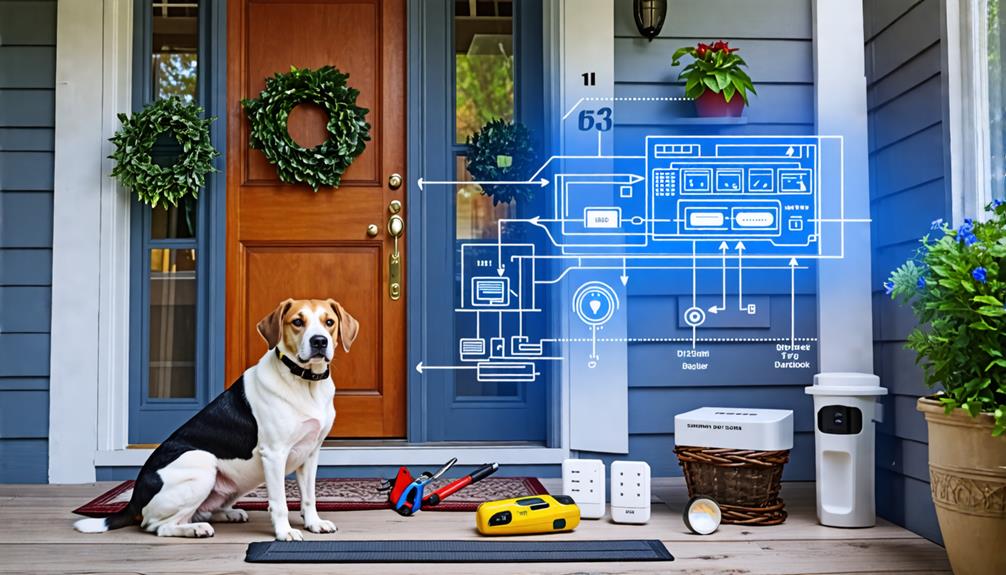 A dog sitting on front of a house with an electrical circuit hologram next to him