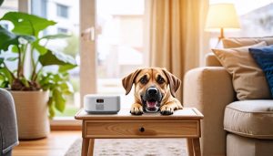 A cute dog on top of a table next to a barking dog alarm