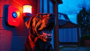 Dog sitting outside next to a barking dog alarm