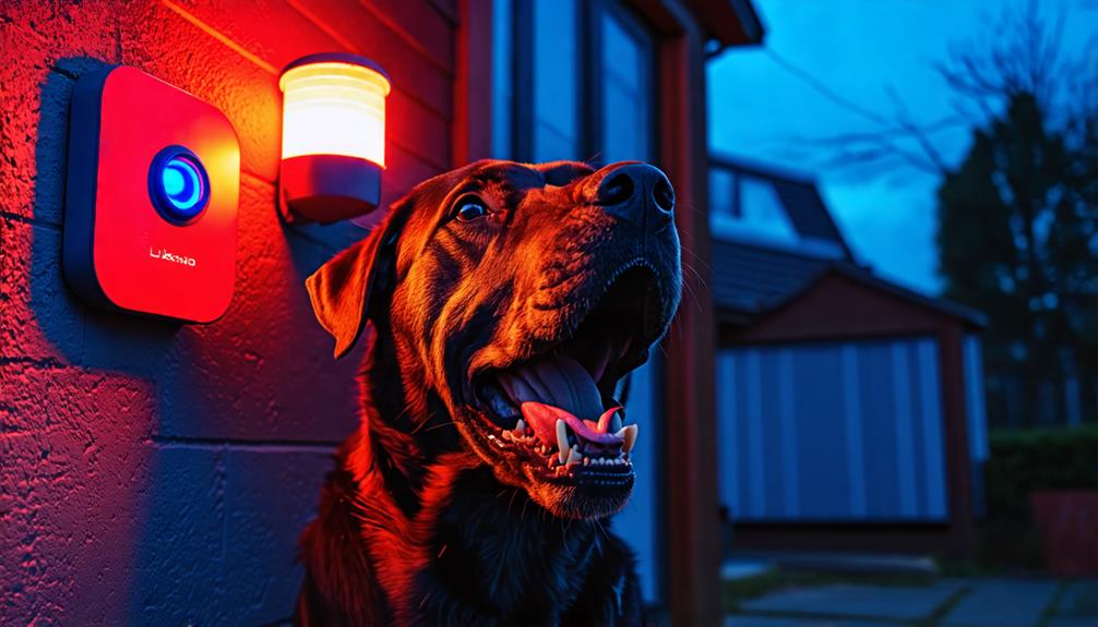 Dog sitting outside next to a barking dog alarm