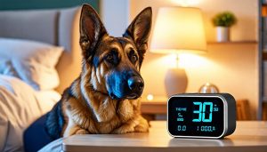 A Dog Sitting By A Barking Dog Alarm