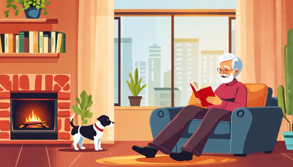 A cartoon image of an older man sitting in front of his dog in a living room