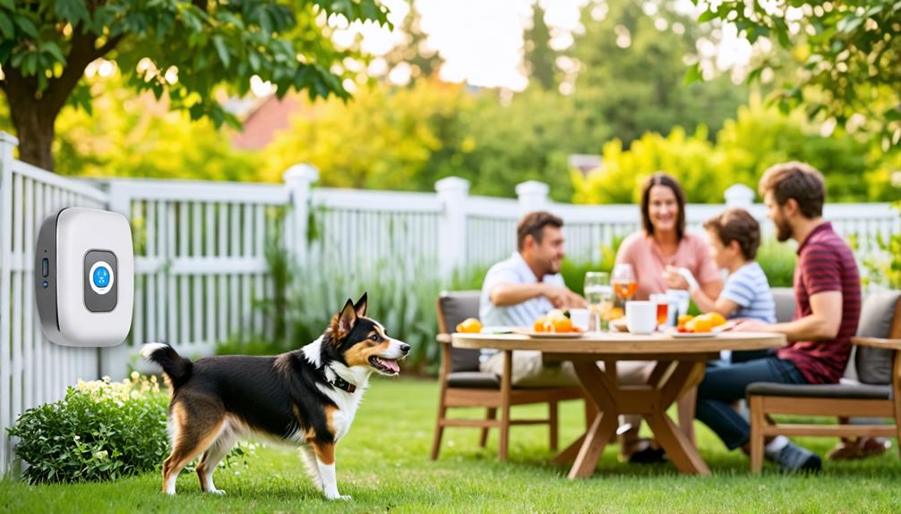 A family is sitting outside and a dog is next to a barking dog alarm