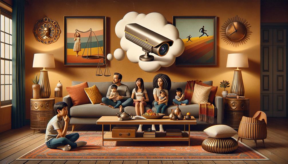 An imaginary camera is monitoring a living room where a family is sitting in a couch.