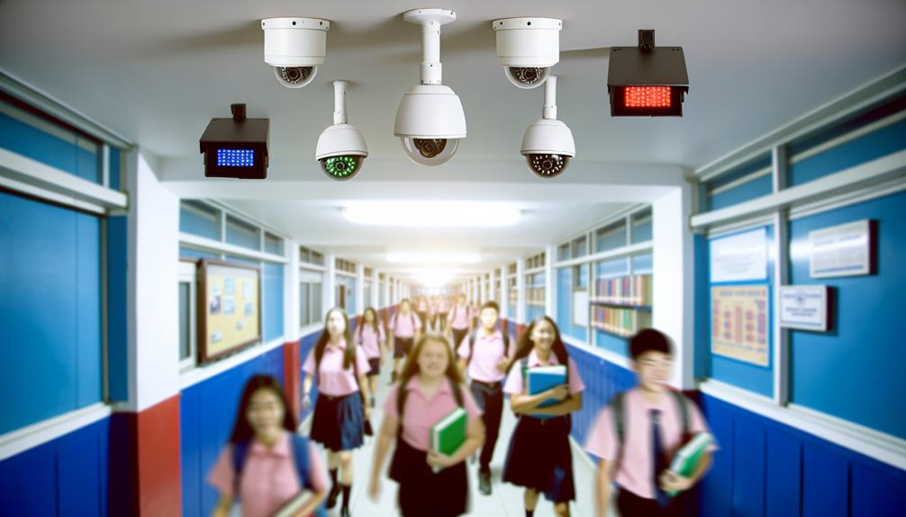 Motion detection cameras monitoring a bunch of students walking on the hallway