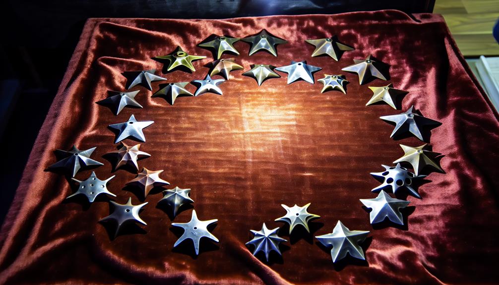 Bunch of throwing stars on top of a burgundy mantel