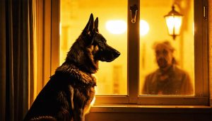 A German Shepherd Is Watchin A Man Thru A Glass Window