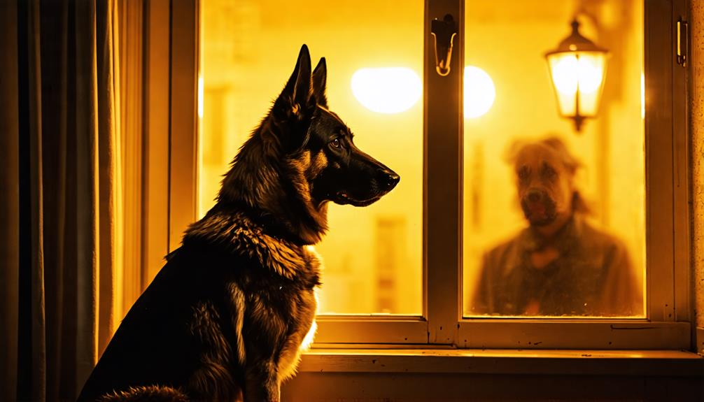 A german shepherd is watchin a man thru a glass window