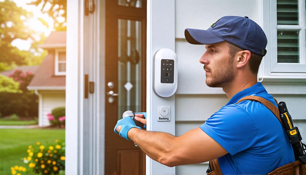 A Handy Man Installing Barking Dog Alarm In The Back Door