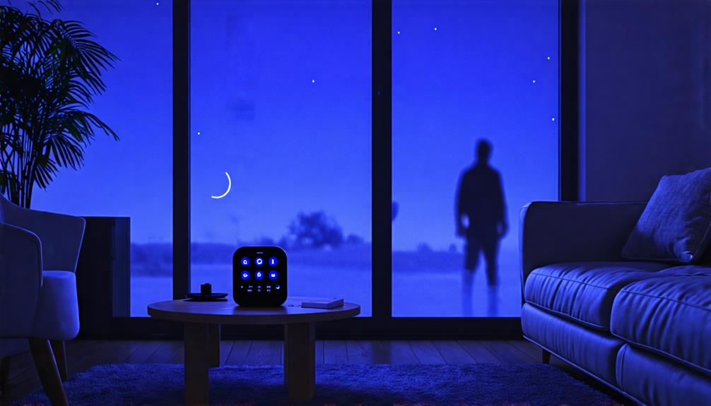 A Silhouette Of A Man At Night Thru Glass Doors And A Barking Dog Alarm On Top Of A Table