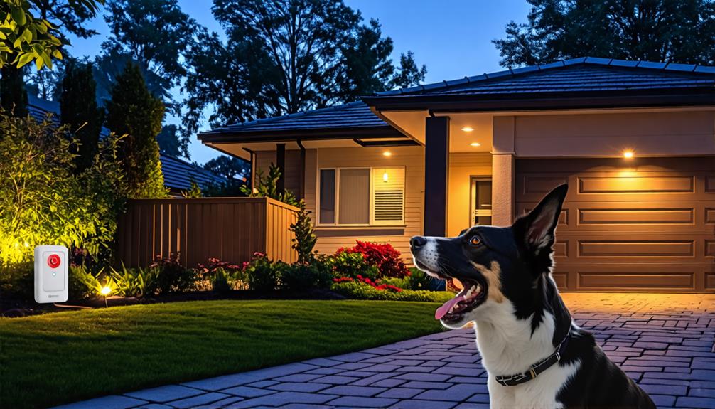 A Dog Sitting On Front Of A Home Along With A Dog Barking Alarm