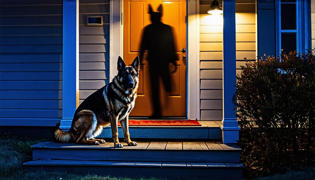 A Dog Sitting At A Back Porch With A Human Like Shadow Behind