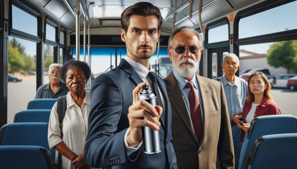 A Man Holding A Pepper Spray Can Inside A Bus