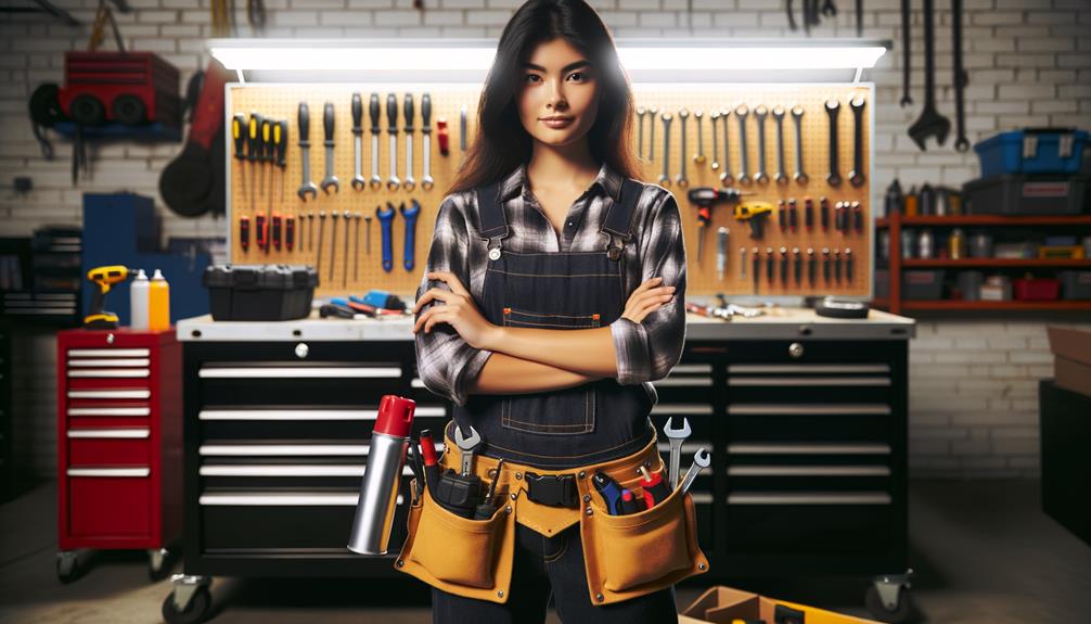 A Woman Mechanic Holding On Her Belt A Pepper Spray Inside A Mechanic Shop